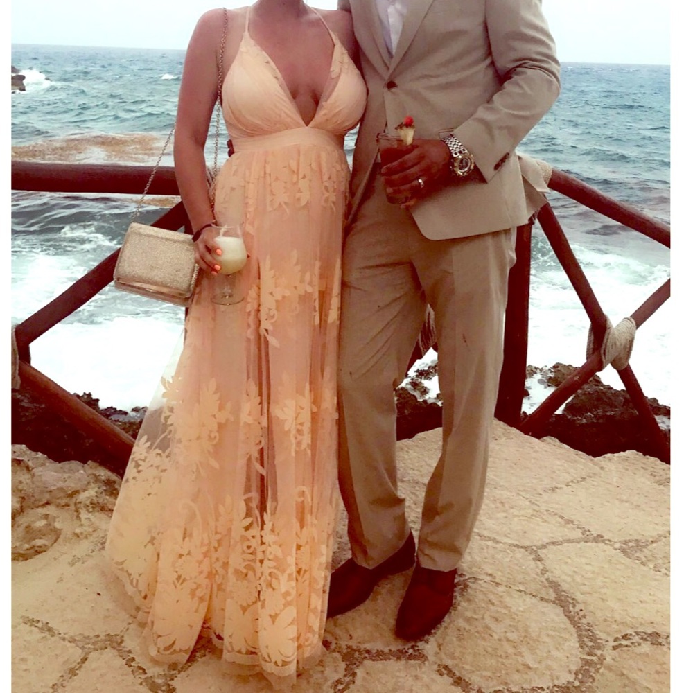 Long V-Neck Illusion Open Back Maxi Dress